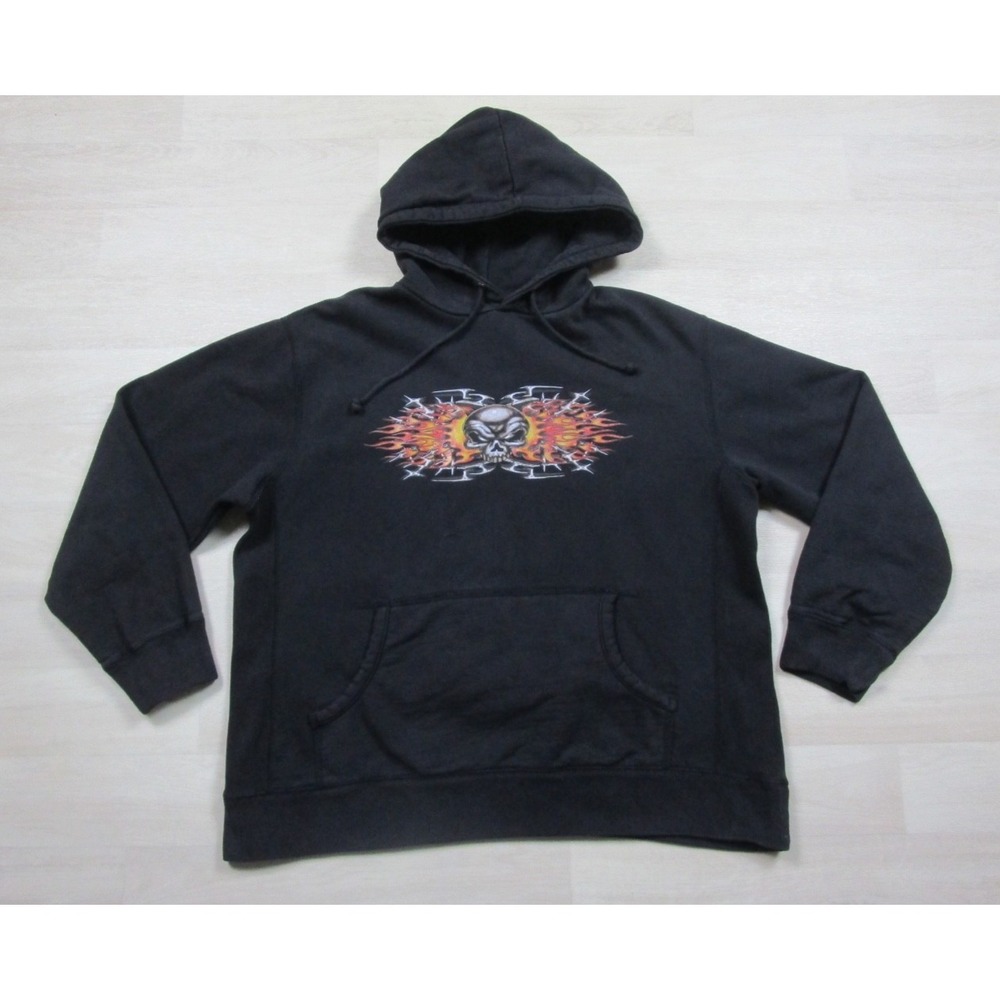 Vintage Y2K Hoodie Sweatshirt Men's (L) Skull Flames Sleeve Cyber Goth Bikercore